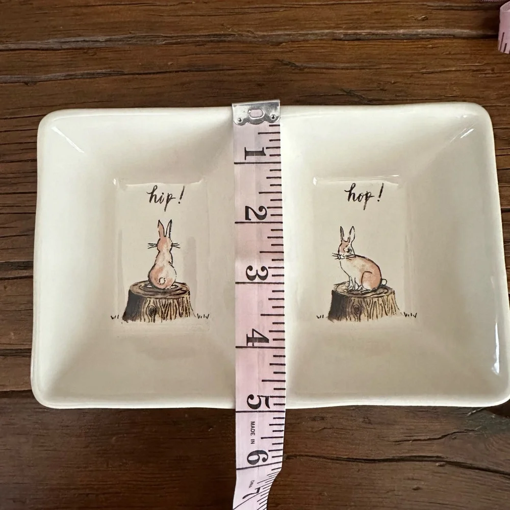 Rae Dunn Hip! Hop! Bunny Graphic 2 Section Trinket Tray